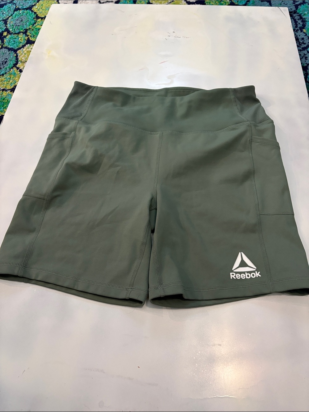 Reebok Women's Olive Green High-Rise Shorts with Logo